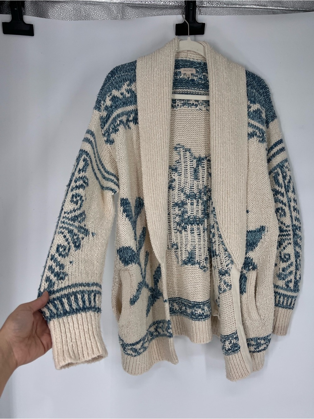 Pilcro Cream Blue Floral Instarsia Knit Shawl-Collar Open Bohemian Cardigan L/XL - Picture 5 of 9